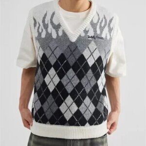 Teddy Fresh In Flames Argyle Sweater Vest Black White Grey Size Small